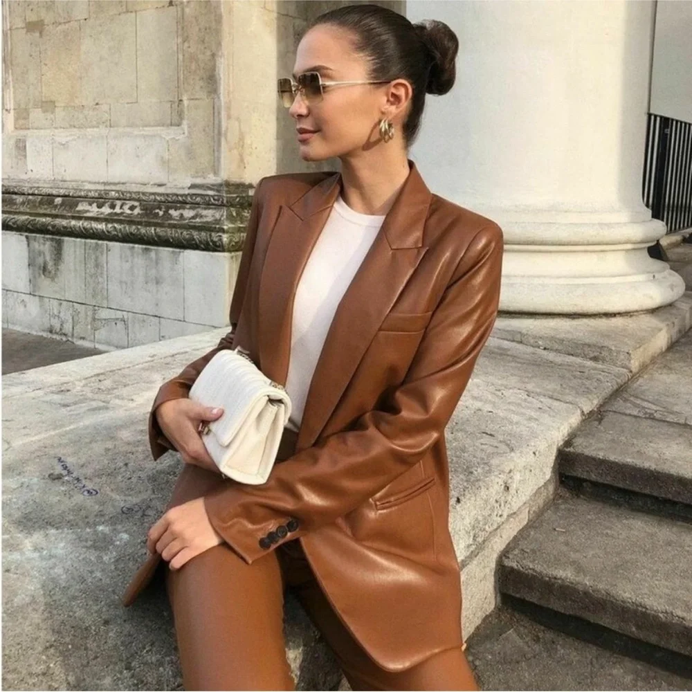 Zara Brown Faux Leather Blazer - Picture 5 of 13